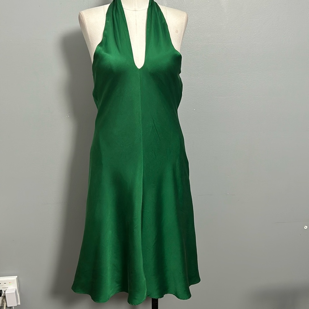 Vintage Banana Republic Silk Green Halter Midi Sexy Elegant Dress size 8P